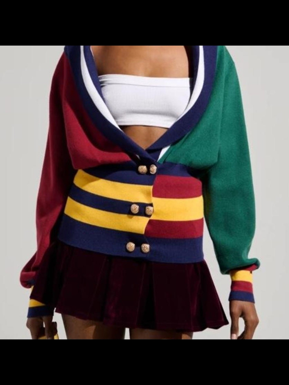 AKIRA Colorblock Striped Button Front Cardigan - Green, Red, Yellow, Navy